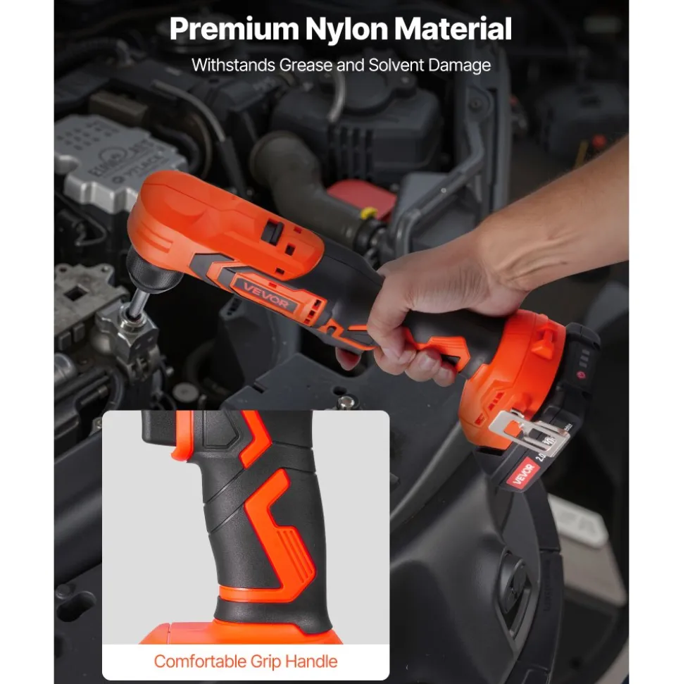 VEVOR Right Angle Drill, 3/8 Inch Chuck, 90 Degree Cordless Right Angle Drill with Brushless Motor, Battery, Charger, and Belt Clip, Adjustable Speed, for Fastening and Loosening in Tight Spaces