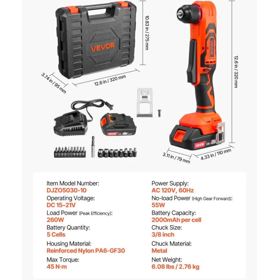 VEVOR Right Angle Drill, 3/8 Inch Chuck, 90 Degree Cordless Right Angle Drill with Brushless Motor, Battery, Charger, and Belt Clip, Adjustable Speed, for Fastening and Loosening in Tight Spaces