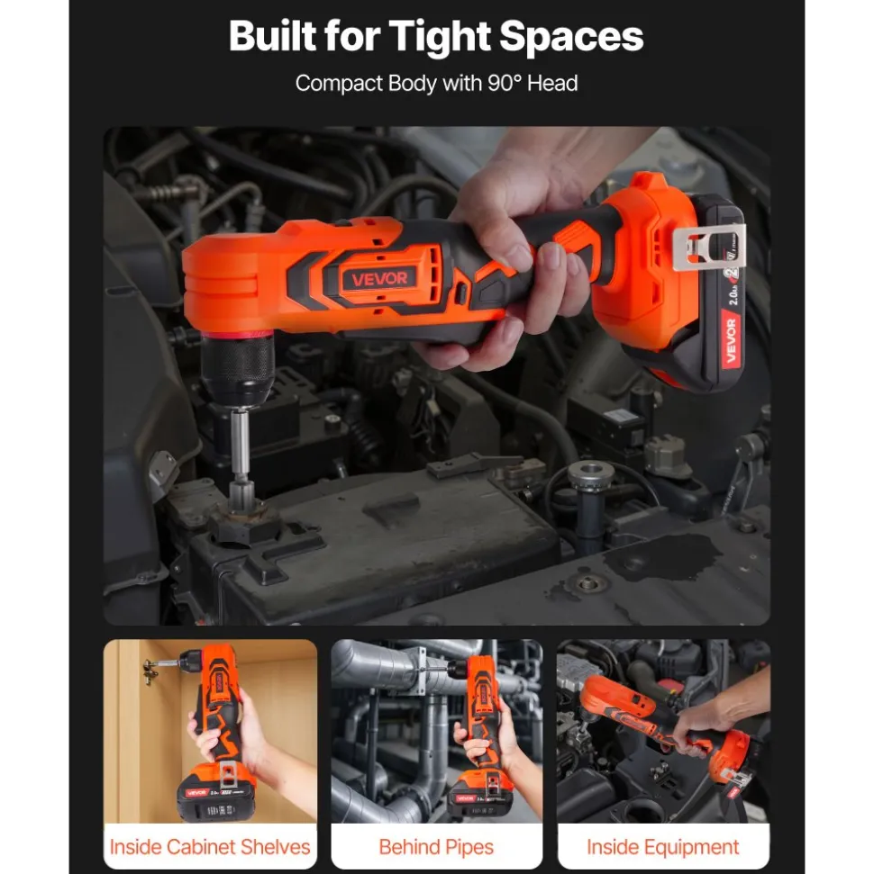 VEVOR Right Angle Drill, 3/8 Inch Chuck, 90 Degree Cordless Right Angle Drill with Brushless Motor, Battery, Charger, and Belt Clip, Adjustable Speed, for Fastening and Loosening in Tight Spaces
