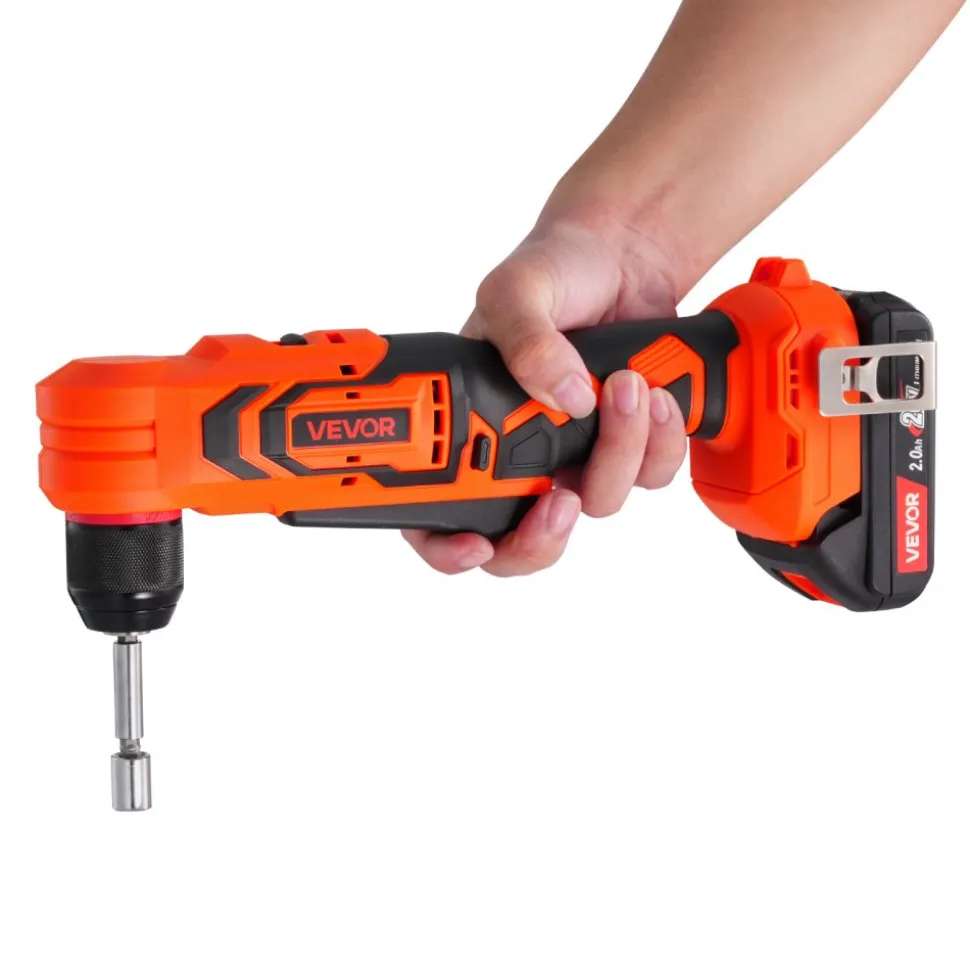 VEVOR Right Angle Drill, 3/8 Inch Chuck, 90 Degree Cordless Right Angle Drill with Brushless Motor, Battery, Charger, and Belt Clip, Adjustable Speed, for Fastening and Loosening in Tight Spaces