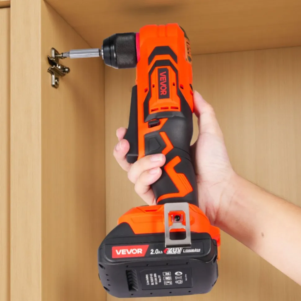 VEVOR Right Angle Drill, 3/8 Inch Chuck, 90 Degree Cordless Right Angle Drill with Brushless Motor, Battery, Charger, and Belt Clip, Adjustable Speed, for Fastening and Loosening in Tight Spaces