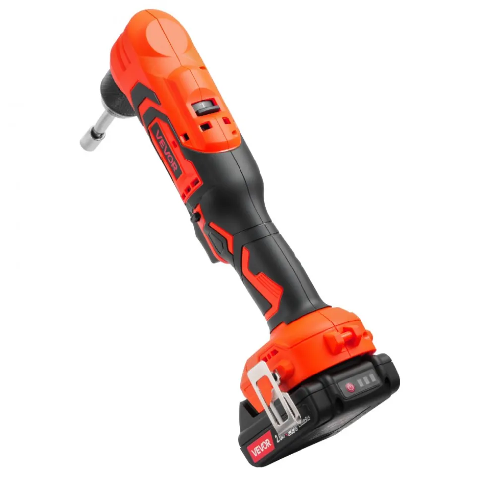 VEVOR Right Angle Drill, 3/8 Inch Chuck, 90 Degree Cordless Right Angle Drill with Brushless Motor, Battery, Charger, and Belt Clip, Adjustable Speed, for Fastening and Loosening in Tight Spaces