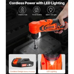 VEVOR Right Angle Drill, 3/8 Inch Chuck, 90 Degree Cordless Right Angle Drill with Brushless Motor, Battery, Charger, and Belt Clip, Adjustable Speed, for Fastening and Loosening in Tight Spaces