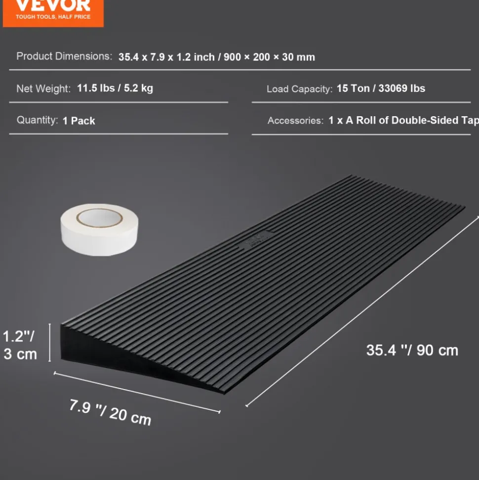VEVOR 1.2" Rise Cuttable Threshold Ramp for Sweeping Robot, 35.4" Wide Natural Rubber Wheelchair Ramp, Non-Slip Solid Rubber Ramp with Double-Sided Tape for Doorways, Driveways, Bathroom, Smooth Tile