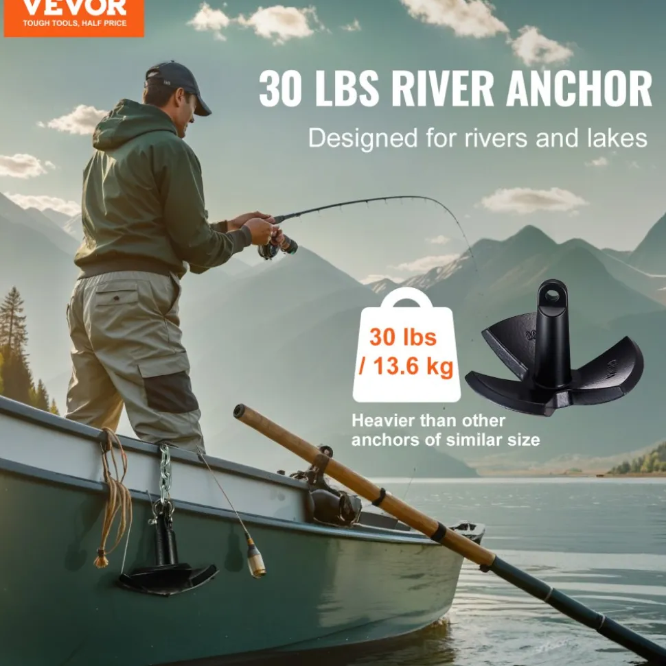 VEVOR River Anchor, 30 LBS Boat Anchor Cast Iron Black Vinyl-Coated, Marine Grade Mushroom Anchor for Boats Up To 30 ft, Impressive Holding Power in River and Mud Bottom Lakes