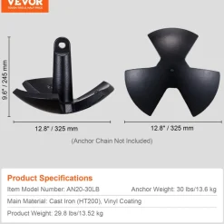 VEVOR River Anchor, 30 LBS Boat Anchor Cast Iron Black Vinyl-Coated, Marine Grade Mushroom Anchor for Boats Up To 30 ft, Impressive Holding Power in River and Mud Bottom Lakes