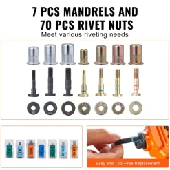 VEVOR Rivet Nut Tool, 14 in Rivnut Tool Kit with 7 PCS Metric and SAE Mandrels, 70 PCS Assorted Rivet Nuts, 10-24, 1/4-20, M6, 5/16-18, M8, 3/8-16, M10, With Rugged Carrying Case, for DIY, Repairs
