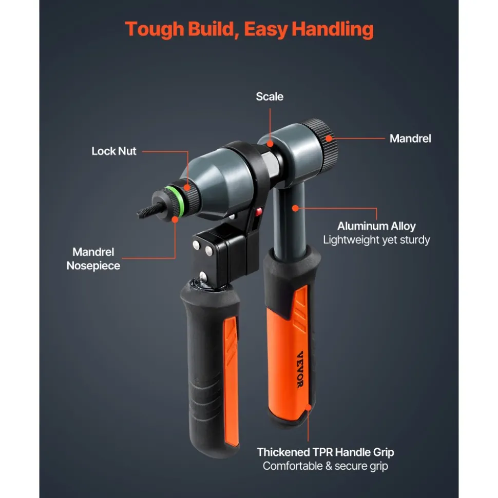 VEVOR Rivet Nut Tool Kit, 9-Inch Ratchet Rivnut Tool Kit, with 10 Mandrels and 100 Nuts, Metric and SAE Size M5, M6, M8, M10, M12, 8-32, 10-24, 1/4-20, 5/16-18, 3/8-16 UNC, with a Rugged Carrying Case