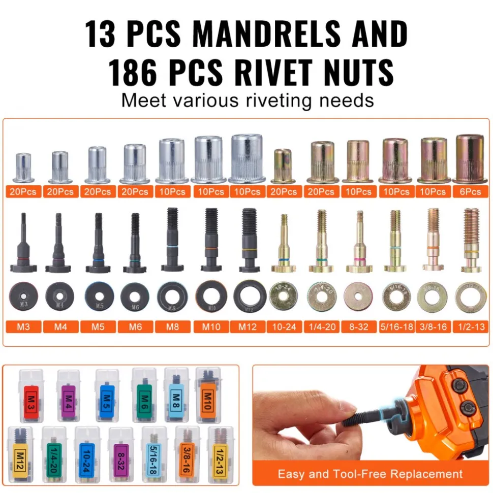 VEVOR 16" Rivet Nut Tool, Labor-Saving Rivnut Tool Kit with 13PCS Metric & SAE Mandrels, 186PCS Rivet Nuts,M3, M4, M5, M6, M8, M10, M12, 1/4-20, 5/16-18, 3/8-16,1/2-13, 8-32, 10-24 With Carrying Case