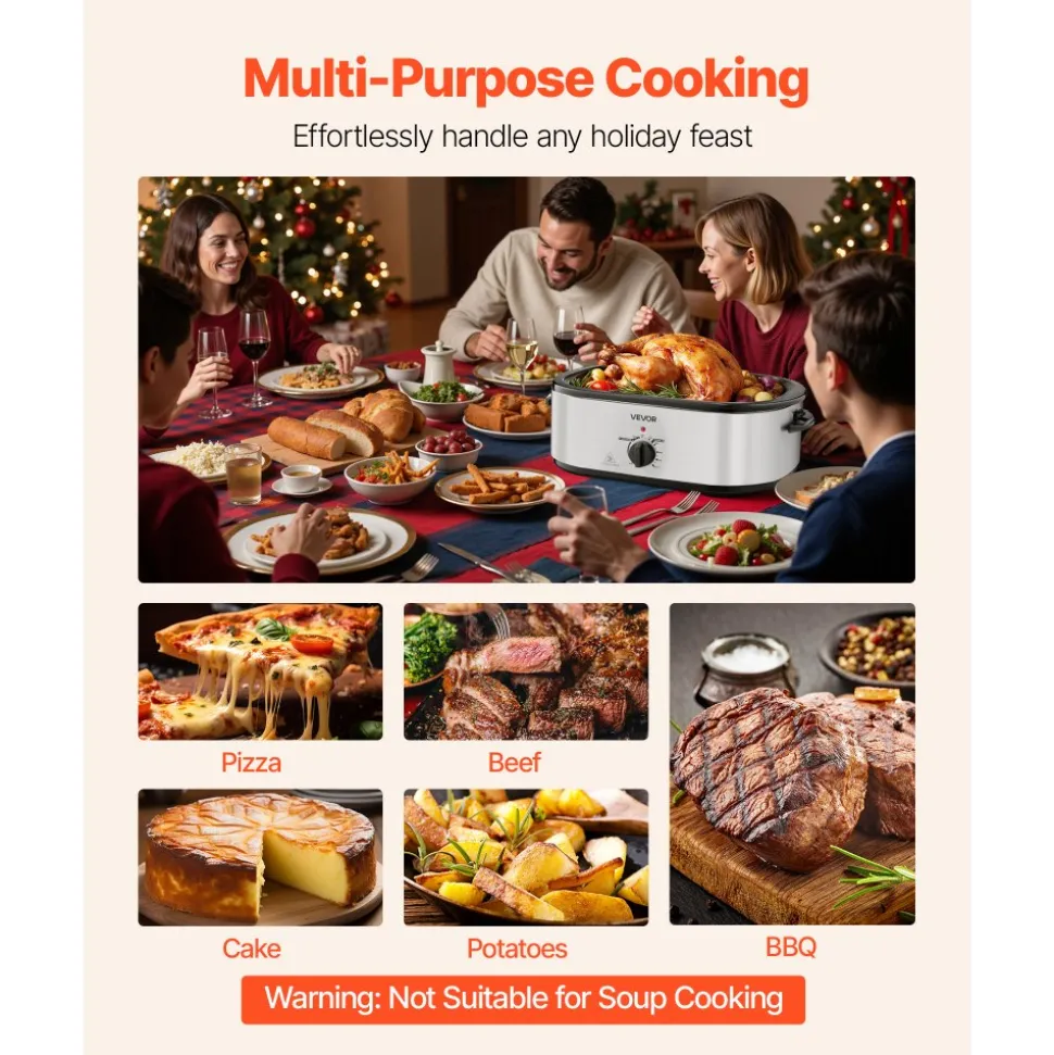 VEVOR Roaster Oven, 20QT Electric Roasting Pan, 150-450℉ Adjustable Temperature Fast-Cooking Turkey Roaster, Turkey Oven with Self-Basting Lid, Defrost & Warm Function for Home, Fits 24lb Turkey