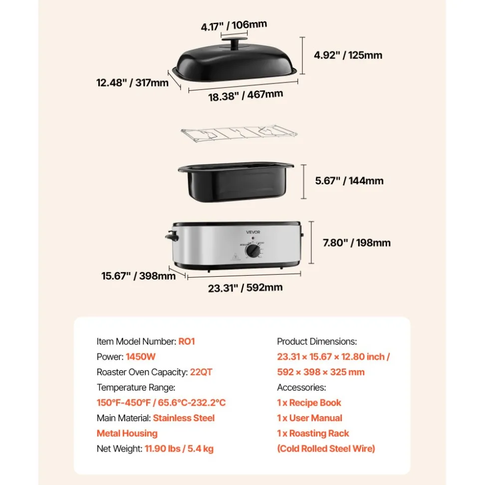 VEVOR Roaster Oven, 20QT Electric Roasting Pan, 150-450℉ Adjustable Temperature Fast-Cooking Turkey Roaster, Turkey Oven with Self-Basting Lid, Defrost & Warm Function for Home, Fits 24lb Turkey