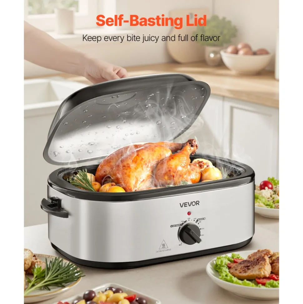 VEVOR Roaster Oven, 20QT Electric Roasting Pan, 150-450℉ Adjustable Temperature Fast-Cooking Turkey Roaster, Turkey Oven with Self-Basting Lid, Defrost & Warm Function for Home, Fits 24lb Turkey