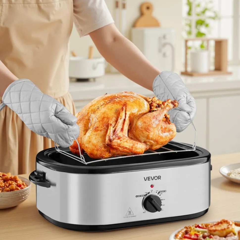 VEVOR Roaster Oven, 20QT Electric Roasting Pan, 150-450℉ Adjustable Temperature Fast-Cooking Turkey Roaster, Turkey Oven with Self-Basting Lid, Defrost & Warm Function for Home, Fits 24lb Turkey