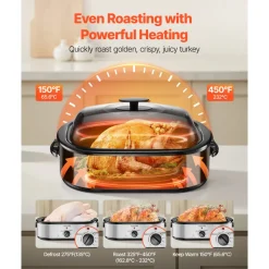 VEVOR Roaster Oven, 18QT Electric Roaster Oven, 150-450℉ Adjustable Temperature Electric Roasting Pan with Self-Basting Lid, Cool-Touch Handle, Defrost & Warm Function, Stainless Steel Turkey Ovens