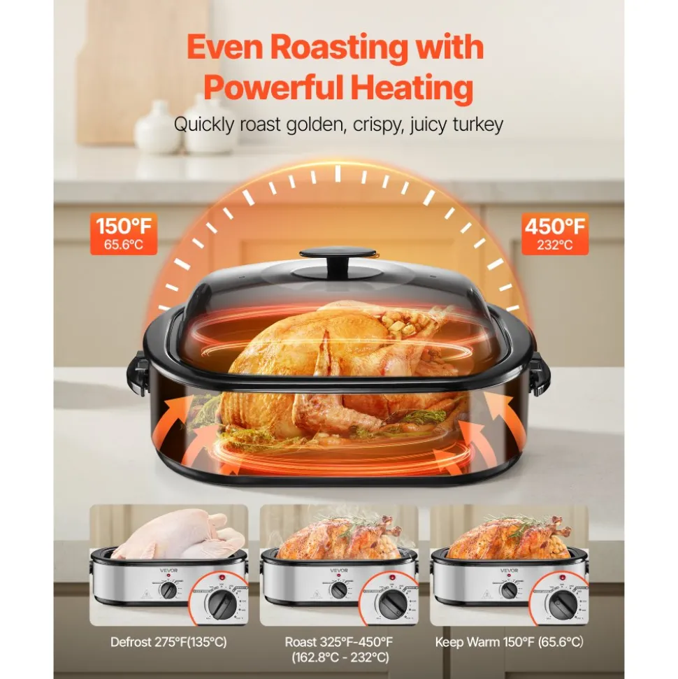 VEVOR Roaster Oven, 18QT Electric Roaster Oven, 150-450℉ Adjustable Temperature Electric Roasting Pan with Self-Basting Lid, Cool-Touch Handle, Defrost & Warm Function, Stainless Steel Turkey Ovens
