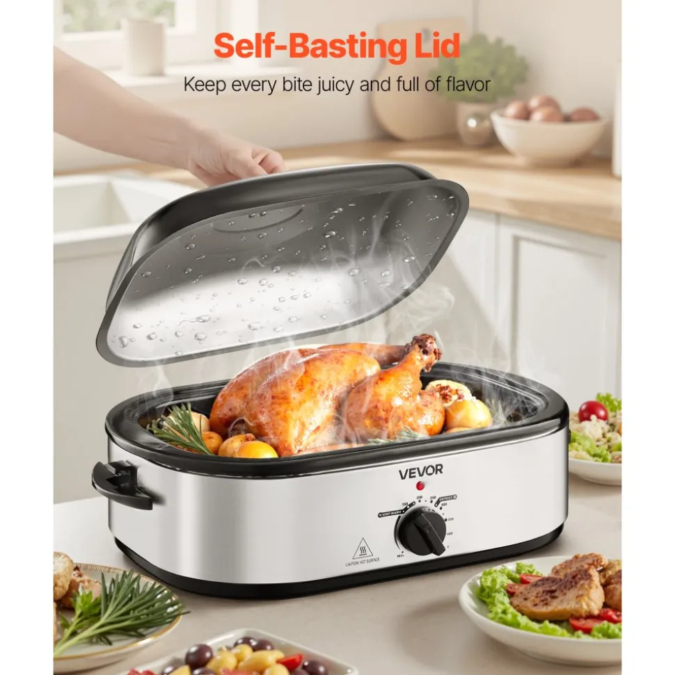 VEVOR Roaster Oven, 18QT Electric Roaster Oven, 150-450℉ Adjustable Temperature Electric Roasting Pan with Self-Basting Lid, Cool-Touch Handle, Defrost & Warm Function, Stainless Steel Turkey Ovens