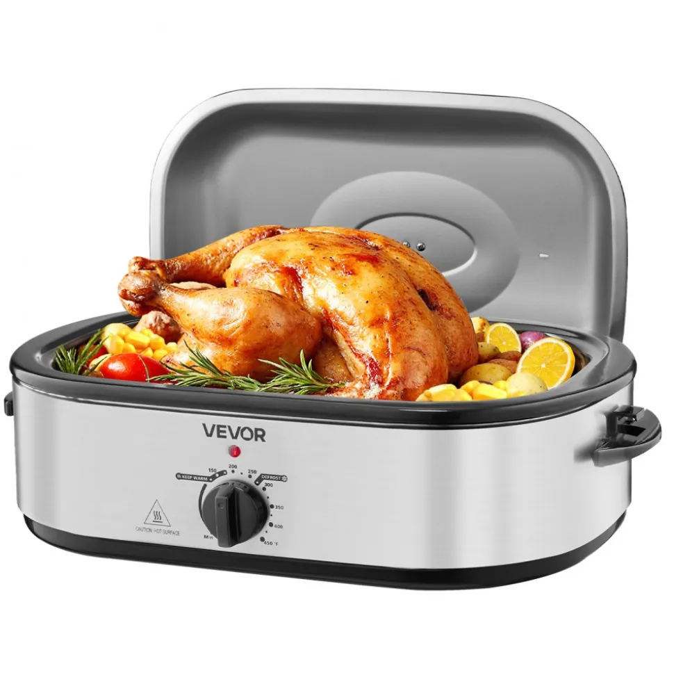 VEVOR Roaster Oven, 18QT Electric Roaster Oven, 150-450℉ Adjustable Temperature Electric Roasting Pan with Self-Basting Lid, Cool-Touch Handle, Defrost & Warm Function, Stainless Steel Turkey Ovens
