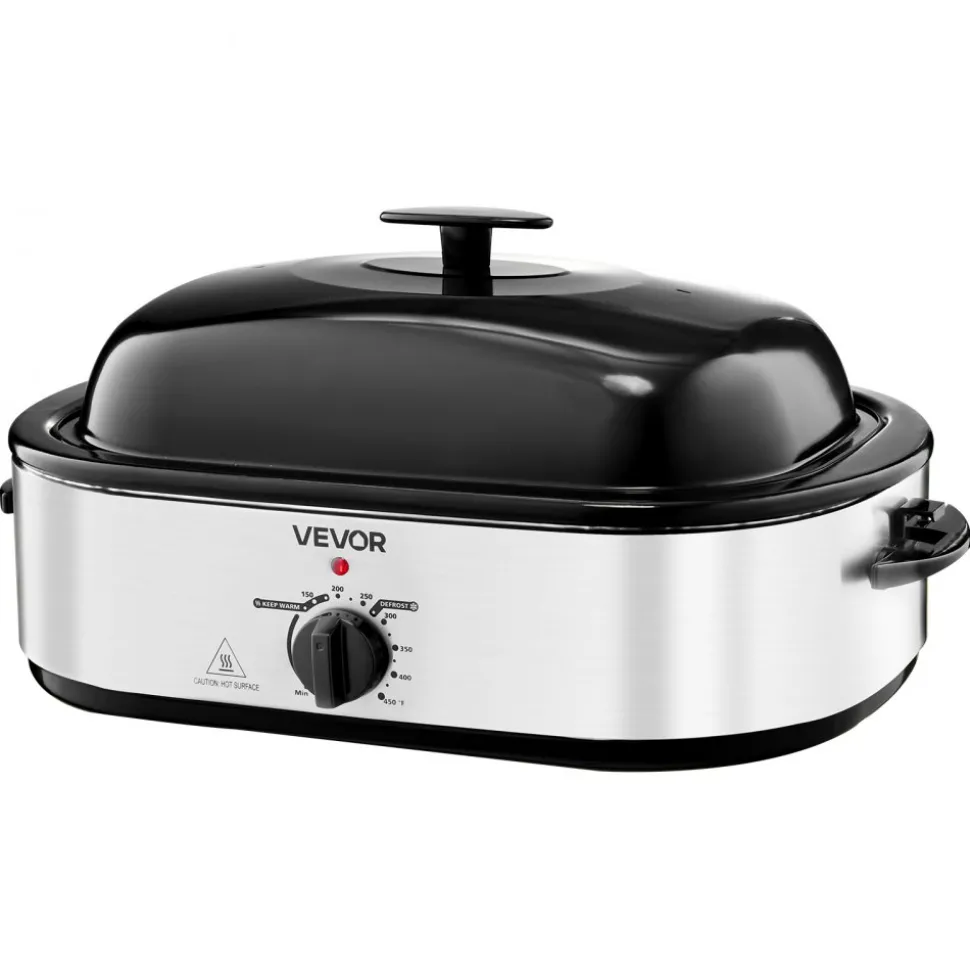 VEVOR Roaster Oven, 18QT Electric Roaster Oven, 150-450℉ Adjustable Temperature Electric Roasting Pan with Self-Basting Lid, Cool-Touch Handle, Defrost & Warm Function, Stainless Steel Turkey Ovens