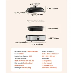 VEVOR Roaster Oven, 18QT Electric Roaster Oven, 150-450℉ Adjustable Temperature Electric Roasting Pan with Self-Basting Lid, Cool-Touch Handle, Defrost & Warm Function, Stainless Steel Turkey Ovens