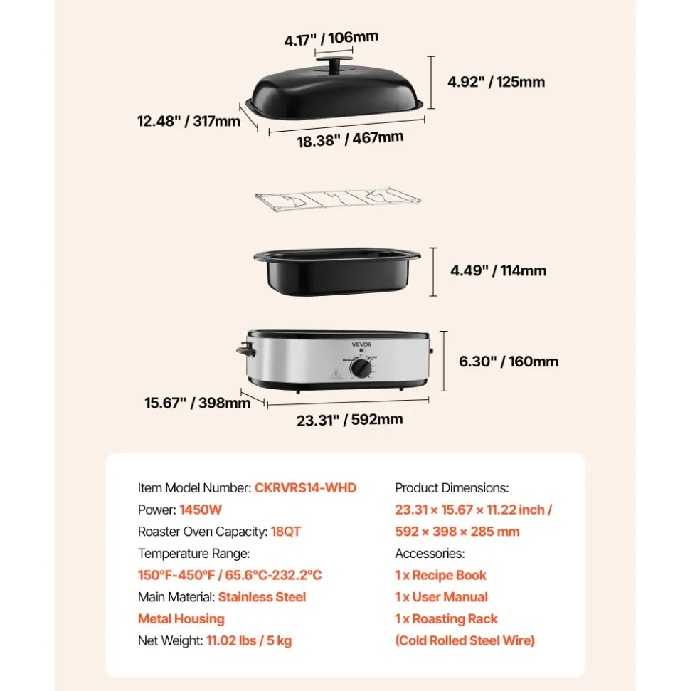 VEVOR Roaster Oven, 18QT Electric Roaster Oven, 150-450℉ Adjustable Temperature Electric Roasting Pan with Self-Basting Lid, Cool-Touch Handle, Defrost & Warm Function, Stainless Steel Turkey Ovens