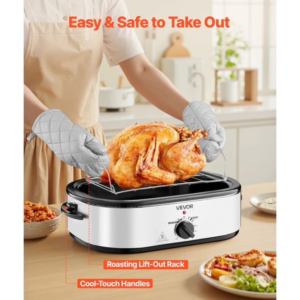 VEVOR Roaster Oven, 18QT Electric Roaster Oven, 150-450℉ Adjustable Temperature Electric Roasting Pan with Self-Basting Lid, Cool-Touch Handle, Defrost & Warm Function, Stainless Steel Turkey Ovens