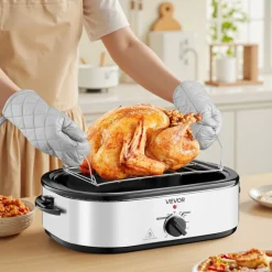 VEVOR Roaster Oven, 18QT Electric Roaster Oven, 150-450℉ Adjustable Temperature Electric Roasting Pan with Self-Basting Lid, Cool-Touch Handle, Defrost & Warm Function, Stainless Steel Turkey Ovens