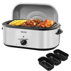 VEVOR Roaster Oven, 24QT Electric Turkey Roaster Oven, 150-450℉ Adjustable Temperature Electric Roasting Pan with 3 Bin Buffet Server, Self-Basting Lid, Defrost & Warm Function, Self-Basting Lid