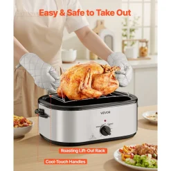 VEVOR Roaster Oven, 24QT Electric Turkey Roaster Oven, 150-450℉ Adjustable Temperature Electric Roasting Pan with 3 Bin Buffet Server, Self-Basting Lid, Defrost & Warm Function, Self-Basting Lid
