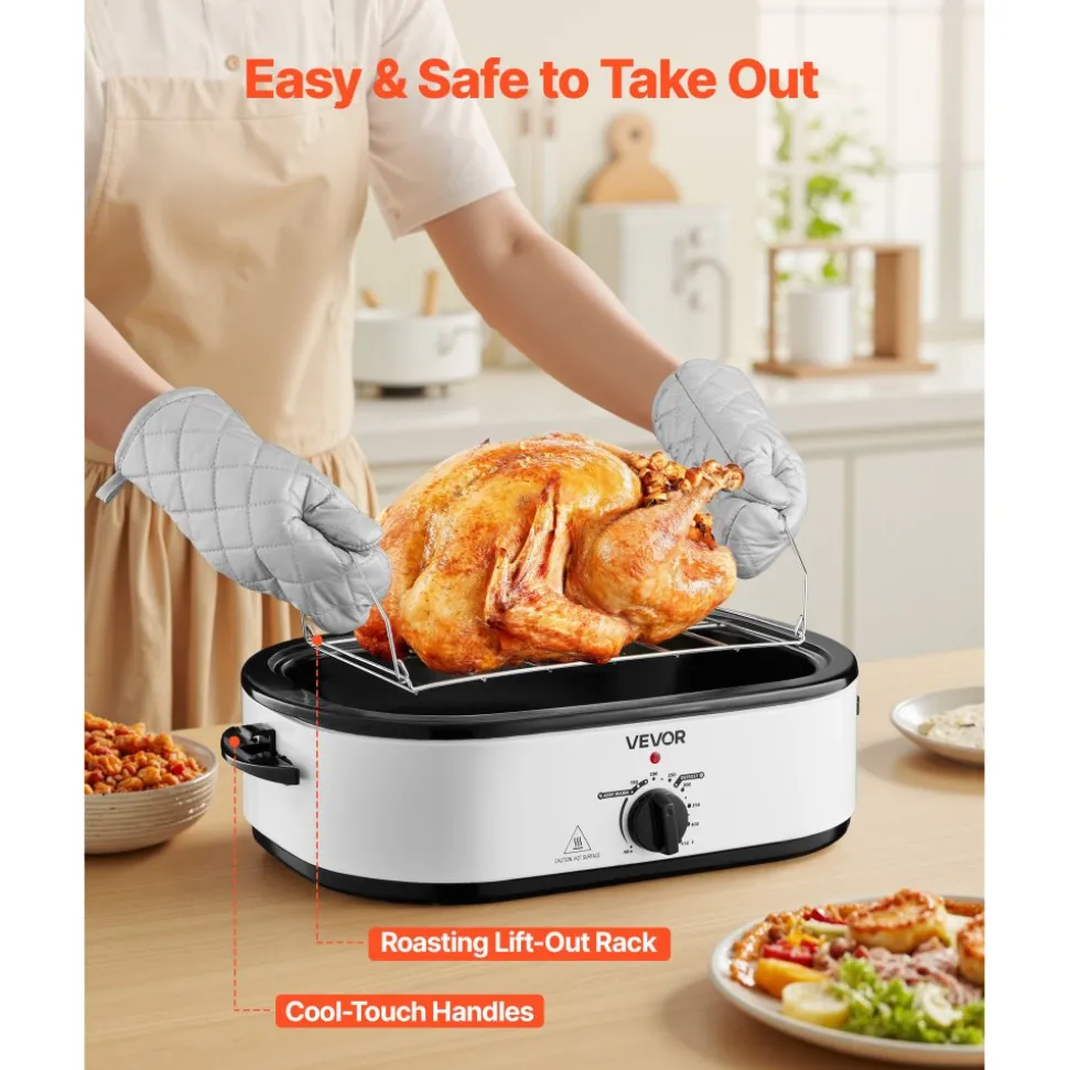 VEVOR Roaster Oven, 18QT Electric Roaster Oven, 150-450℉ Adjustable Temperature Electric Roasting Pan, Multifunctional Electric Roasters Oven with Self-Basting Lid, Removable Pan and Rack for Holiday