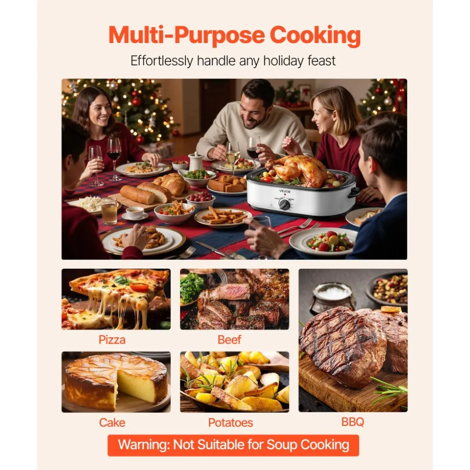 VEVOR Roaster Oven, 18QT Electric Roaster Oven, 150-450℉ Adjustable Temperature Electric Roasting Pan, Multifunctional Electric Roasters Oven with Self-Basting Lid, Removable Pan and Rack for Holiday