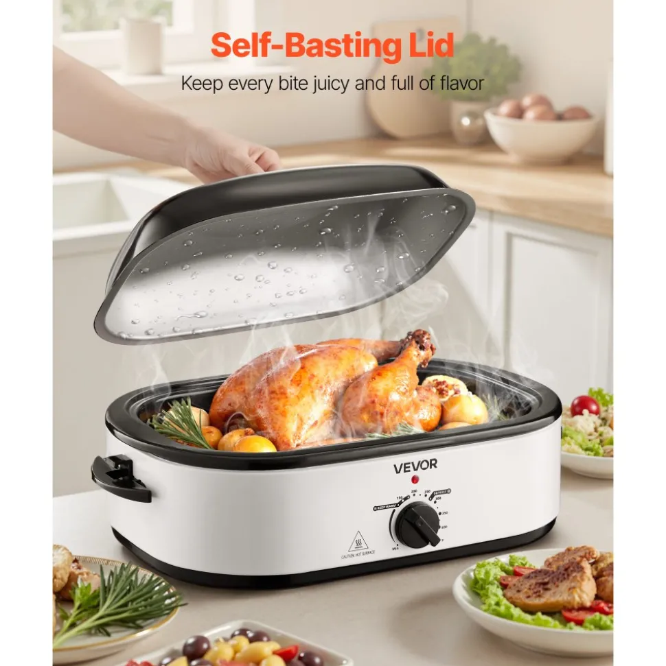 VEVOR Roaster Oven, 18QT Electric Roaster Oven, 150-450℉ Adjustable Temperature Electric Roasting Pan, Multifunctional Electric Roasters Oven with Self-Basting Lid, Removable Pan and Rack for Holiday