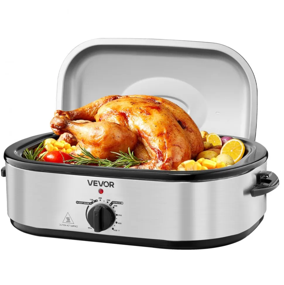 VEVOR Roaster Oven, 14QT Fast-Cooking Turkey Roaster, 150-450℉ Adjustable Temperature Electric Roasting Pan with Self-Basting Lid, Roasting Lift-Out Rack, Defrost & Warm Function, Fits 18lb Turkey