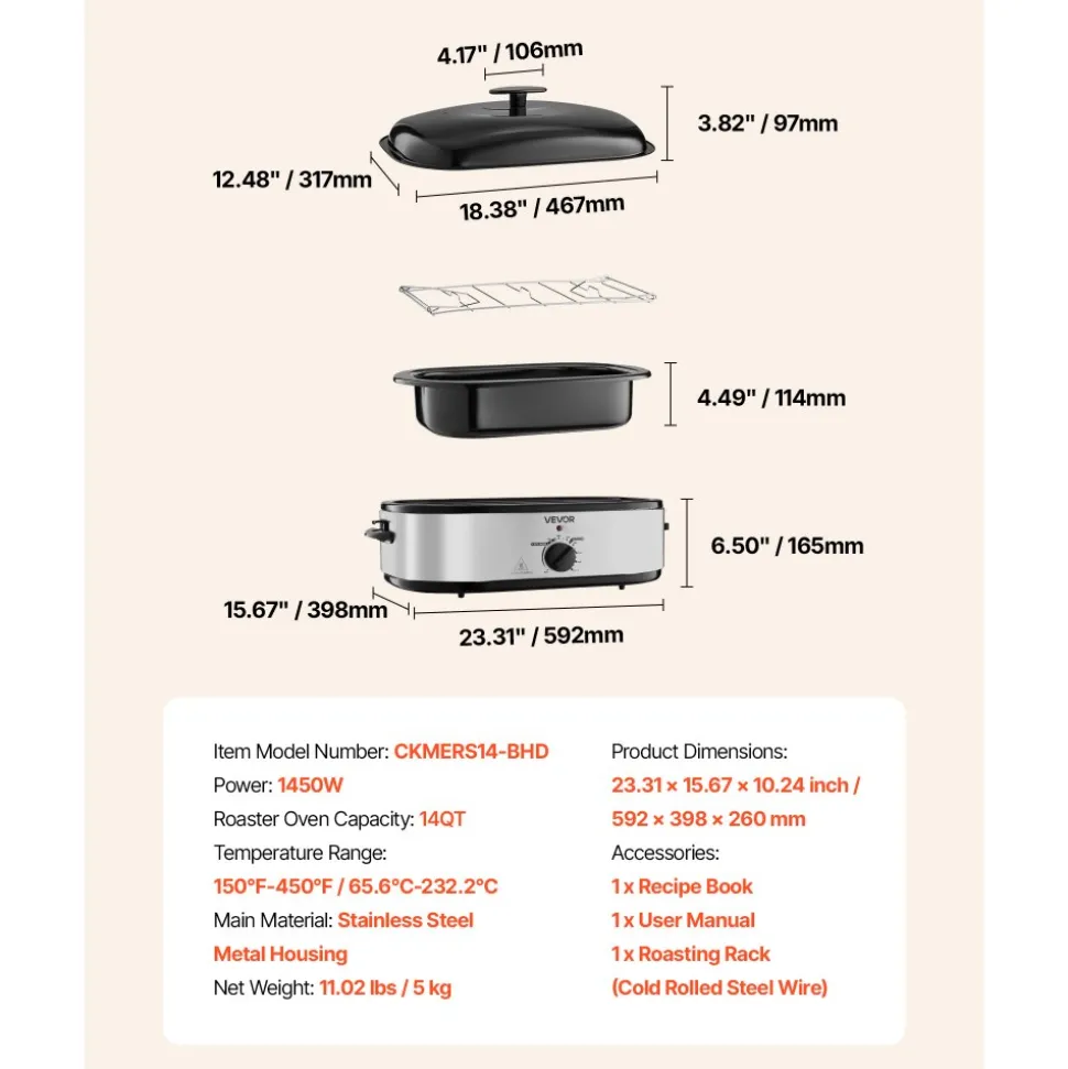 VEVOR Roaster Oven, 14QT Fast-Cooking Turkey Roaster, 150-450℉ Adjustable Temperature Electric Roasting Pan with Self-Basting Lid, Roasting Lift-Out Rack, Defrost & Warm Function, Fits 18lb Turkey