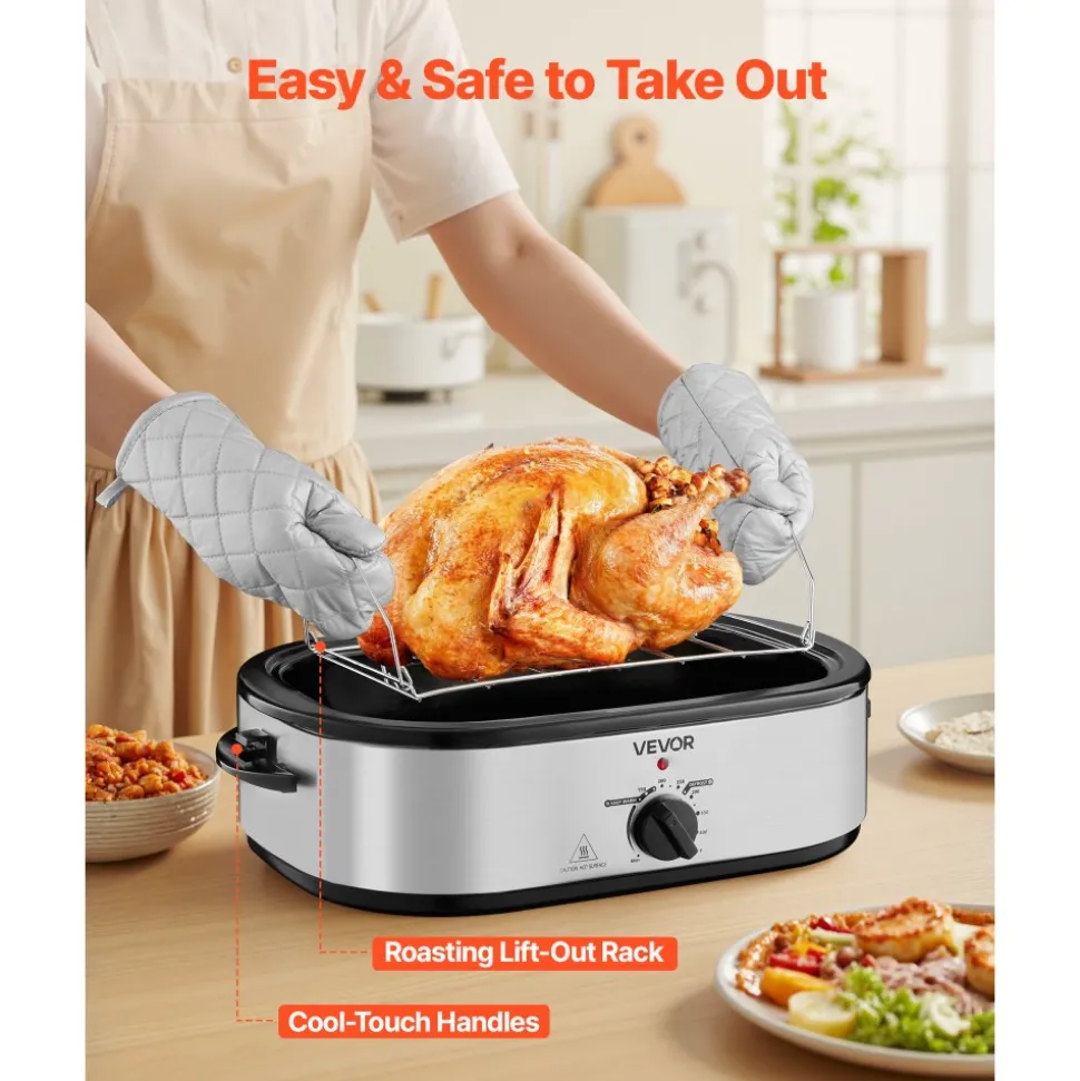 VEVOR Roaster Oven, 14QT Fast-Cooking Turkey Roaster, 150-450℉ Adjustable Temperature Electric Roasting Pan with Self-Basting Lid, Roasting Lift-Out Rack, Defrost & Warm Function, Fits 18lb Turkey