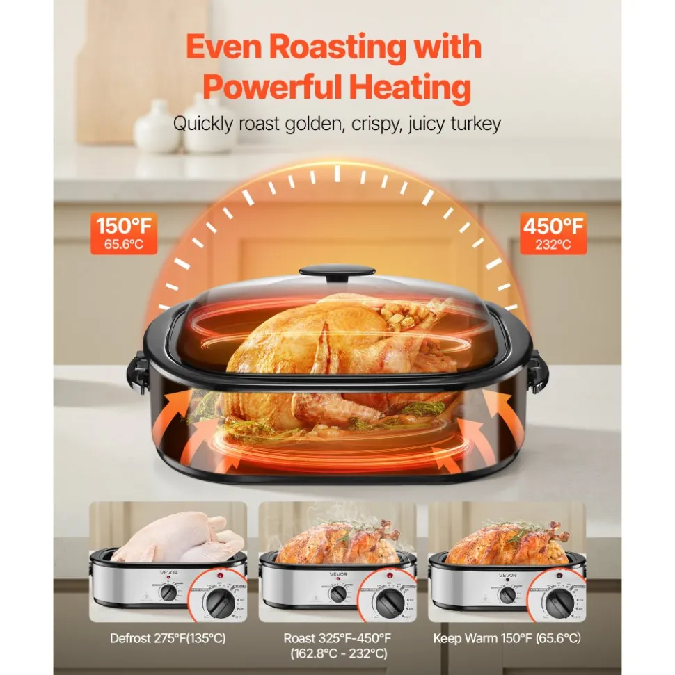 VEVOR Roaster Oven, 14QT Fast-Cooking Turkey Roaster, 150-450℉ Adjustable Temperature Electric Roasting Pan with Self-Basting Lid, Roasting Lift-Out Rack, Defrost & Warm Function, Fits 18lb Turkey