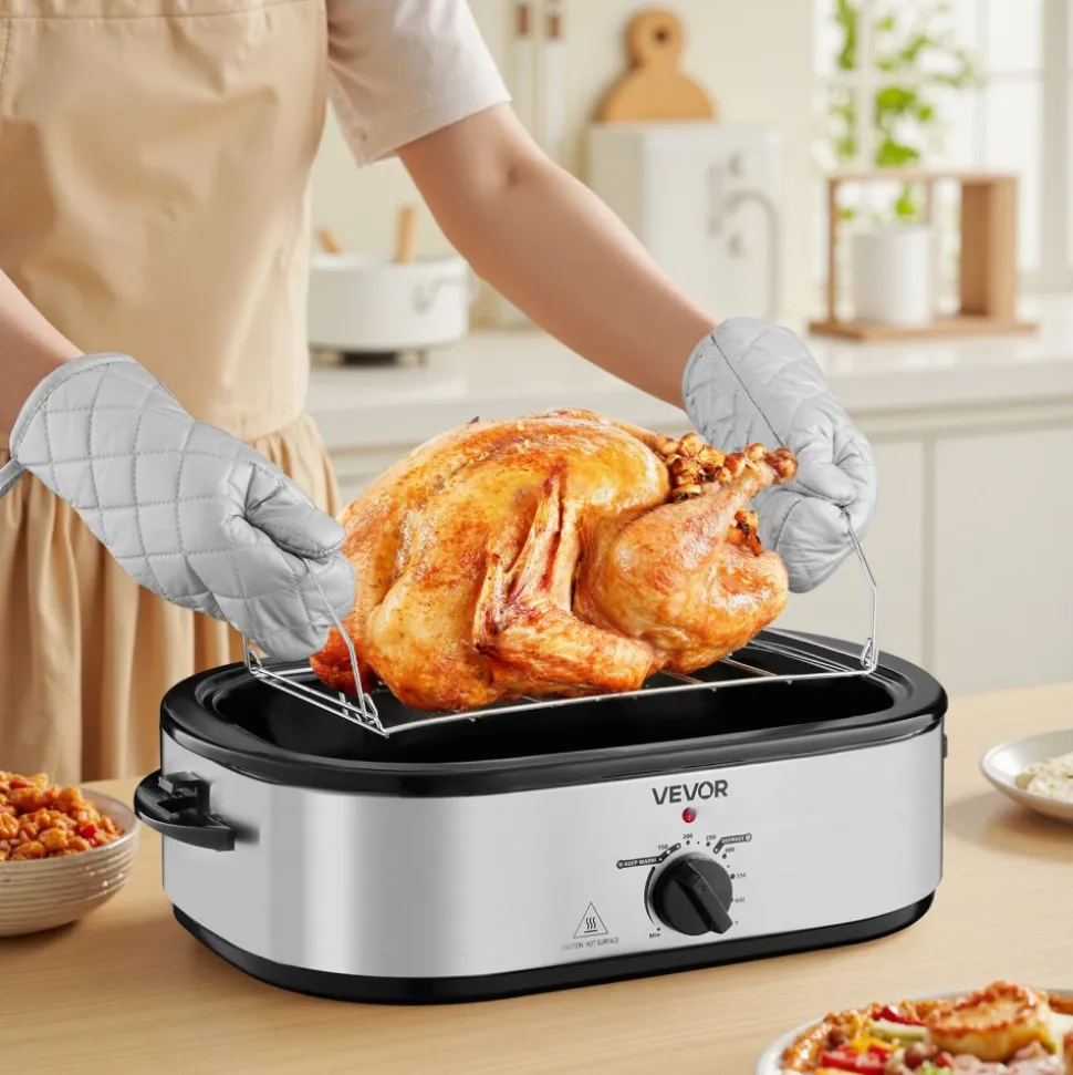 VEVOR Roaster Oven, 14QT Fast-Cooking Turkey Roaster, 150-450℉ Adjustable Temperature Electric Roasting Pan with Self-Basting Lid, Roasting Lift-Out Rack, Defrost & Warm Function, Fits 18lb Turkey