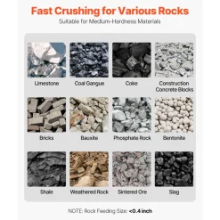 VEVOR Rock Crusher, 220V Double Roller Crushers, Industrial Shredder with 2.56x0.59 inch Dual Feed Inlets, 1740RPM Speed Stone Grinder Rock Crusher, 1.5KW Electric Shatter Pulverizer, 860kg/h Crushing