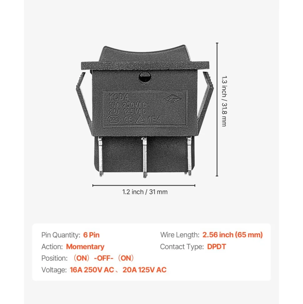 VEVOR Rocker Switch, 6 Pin Momentary DPDT Rocker Switch, 3-Position (ON)-Off-(ON) Polarity Reversing Switch AC 250V/16A 125V/ 20A for Auto Car Boat Household Appliances
