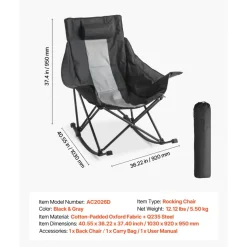 VEVOR Rocking Camping Chair, Portable Folding Rocker, Heavy-Duty Lawn Chair Recliner with Cupholder & Pocket, Supports 225lbs, Fully Padded Camp Chairs for Outdoor Patio Backyard Porch Garden