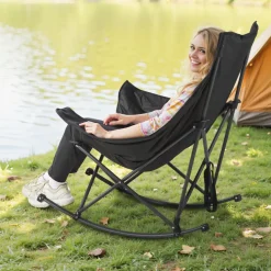 VEVOR Rocking Camping Chair, Portable Folding Rocker, Heavy-Duty Lawn Chair Recliner with Cupholder & Pocket, Supports 225lbs, Fully Padded Camp Chairs for Outdoor Patio Backyard Porch Garden