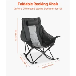 VEVOR Rocking Camping Chair, Portable Folding Rocker, Heavy-Duty Lawn Chair Recliner with Cupholder & Pocket, Supports 225lbs, Fully Padded Camp Chairs for Outdoor Patio Backyard Porch Garden