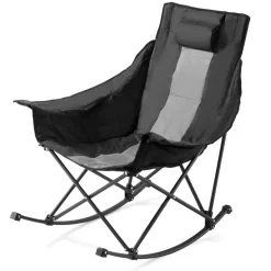 VEVOR Rocking Camping Chair, Portable Folding Rocker, Heavy-Duty Lawn Chair Recliner with Cupholder & Pocket, Supports 225lbs, Fully Padded Camp Chairs for Outdoor Patio Backyard Porch Garden
