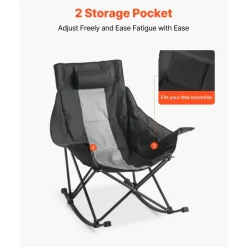 VEVOR Rocking Camping Chair, Portable Folding Rocker, Heavy-Duty Lawn Chair Recliner with Cupholder & Pocket, Supports 225lbs, Fully Padded Camp Chairs for Outdoor Patio Backyard Porch Garden