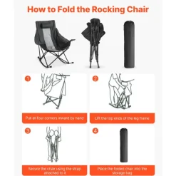 VEVOR Rocking Camping Chair, Portable Folding Rocker, Heavy-Duty Lawn Chair Recliner with Cupholder & Pocket, Supports 225lbs, Fully Padded Camp Chairs for Outdoor Patio Backyard Porch Garden