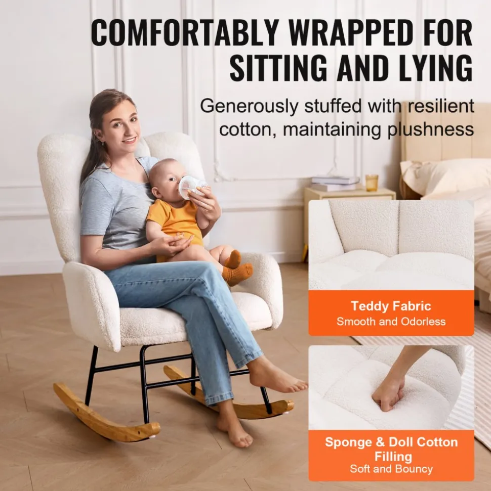 VEVOR Rocking Chair Nursery, Glider Rocking Chair with Soft Seat and High Backrest, 250 lbs Weight Capacity Teddy Fabric, Upholstered Glider Rocker Chair for Nursery, Bedroom, Living Room, Ivory White