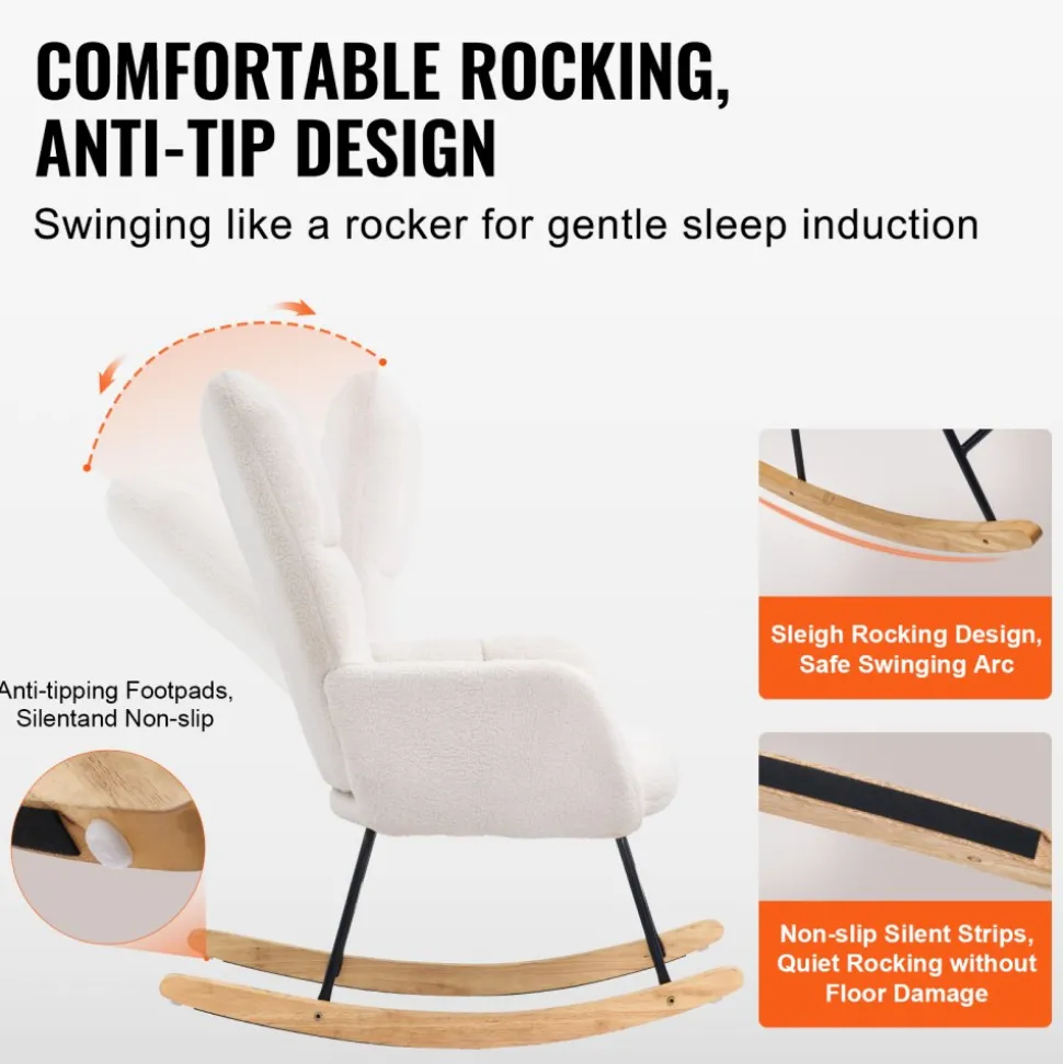 VEVOR Rocking Chair Nursery, Glider Rocking Chair with Soft Seat and High Backrest, 250 lbs Weight Capacity Teddy Fabric, Upholstered Glider Rocker Chair for Nursery, Bedroom, Living Room, Ivory White