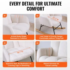 VEVOR Rocking Chair Nursery, Glider Rocking Chair with Soft Seat and High Backrest, 250 lbs Weight Capacity Teddy Fabric, Upholstered Glider Rocker Chair for Nursery, Bedroom, Living Room, Ivory White