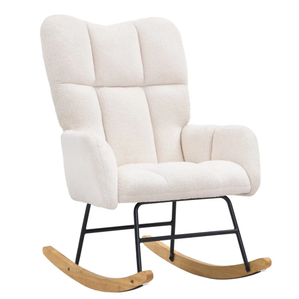 VEVOR Rocking Chair Nursery, Glider Rocking Chair with Soft Seat and High Backrest, 250 lbs Weight Capacity Teddy Fabric, Upholstered Glider Rocker Chair for Nursery, Bedroom, Living Room, Ivory White
