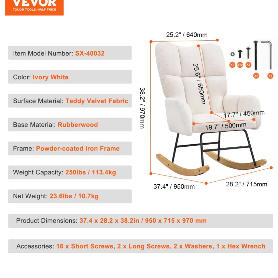 VEVOR Rocking Chair Nursery, Glider Rocking Chair with Soft Seat and High Backrest, 250 lbs Weight Capacity Teddy Fabric, Upholstered Glider Rocker Chair for Nursery, Bedroom, Living Room, Ivory White
