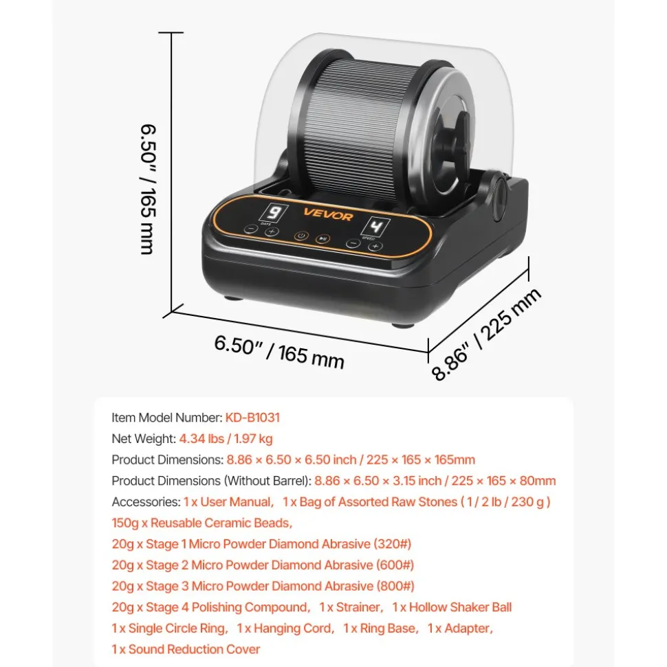 VEVOR Rock Tumbler, 1 lb Rock Polishing Machine, Rocks Tumbling Kit with 4-Speed Adjustment, 1–9 Day Timer, PC Sound Reduction Cover & TPU Drum, Direct Drive Motor Rocks Polishing, Quiet Operation